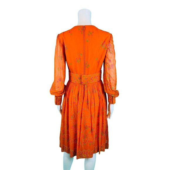 Vintage 1960s Cocktail Dress Orange Sheer Sleeves Hand Painted Floral Dolly - Picture 9 of 10